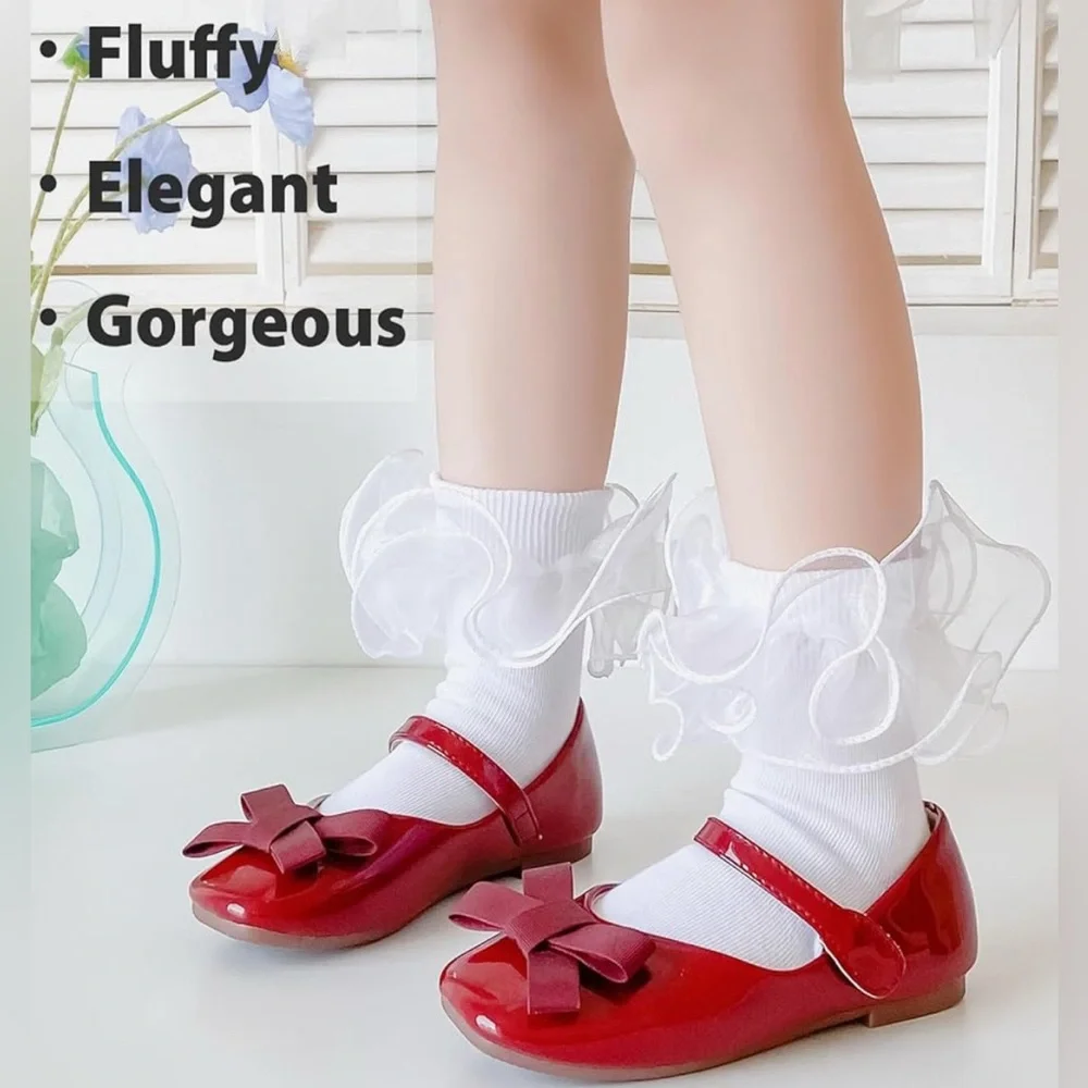(3 Pair)Peach & White Kids Cotton with Organza Ruffle/Lace Socks.   (4-6yr)  NWT